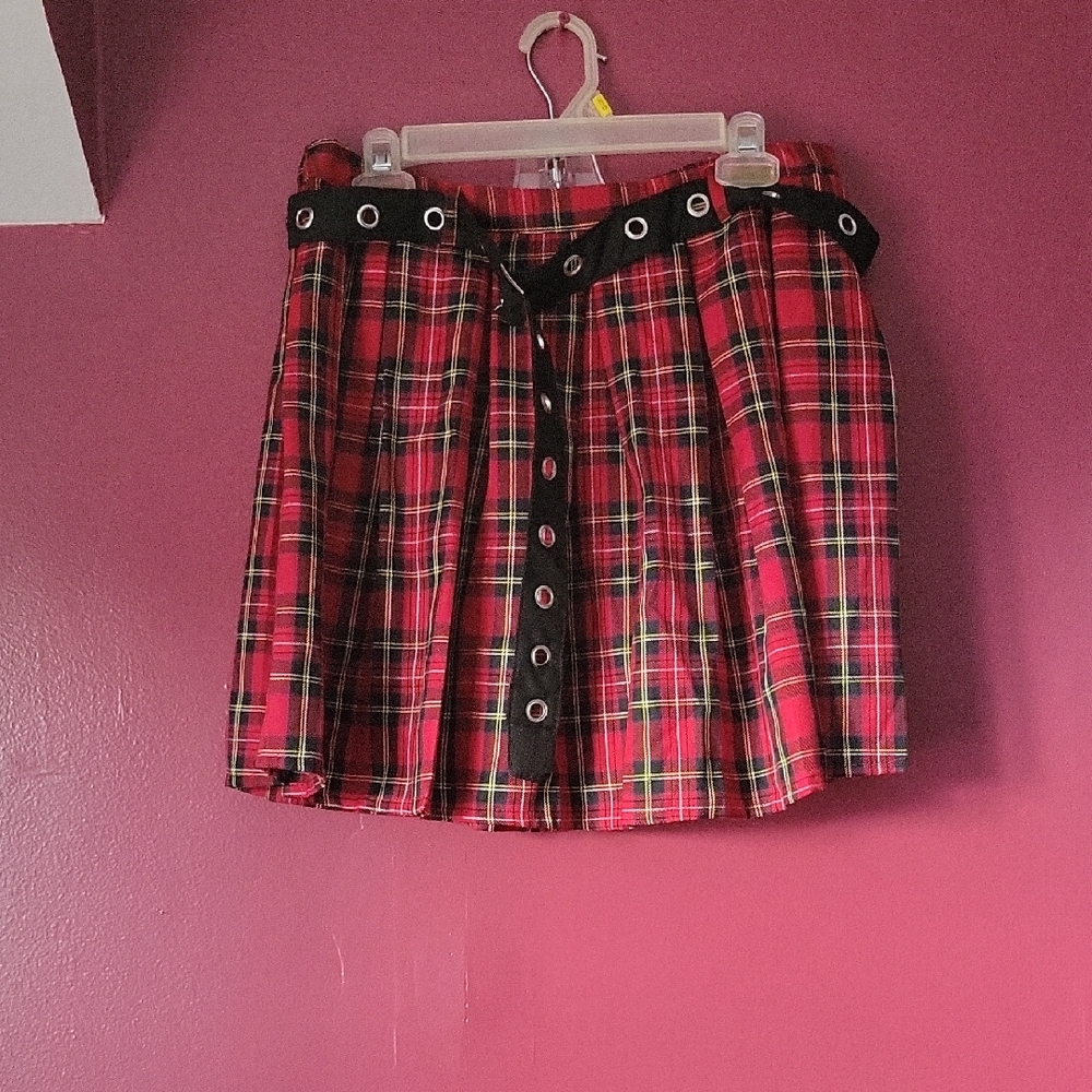 Chic Red Plaid Mini Skirt with Black Details